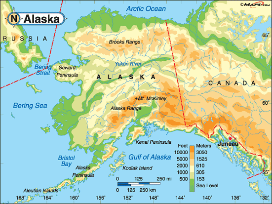 Alaska elevation map, Courtesy of Maps.com.