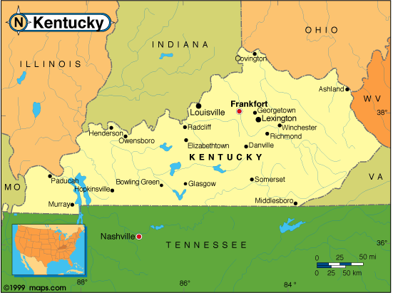 Kentucky is bordered by 7 states: Indiana, Illinois, Missouri, Ohio, 