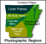 Five land regions of Arkansas including Crowley's Ridge
